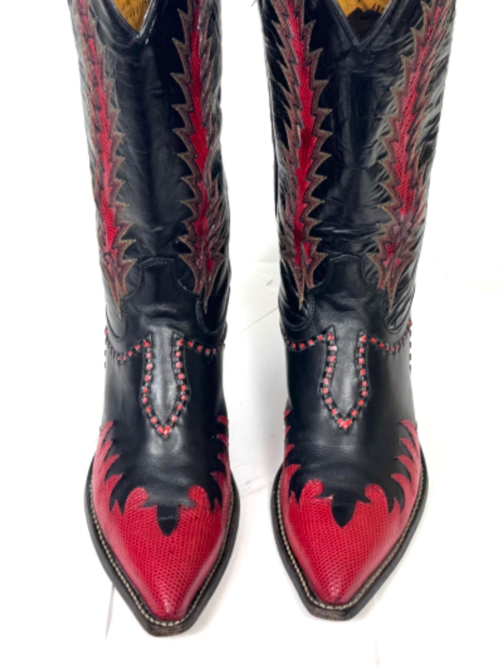 Tony Lama Classic Firewalker Black Cowboy Boots - Mens 8D Red Lizard Inlaid - Picture 7 of 12